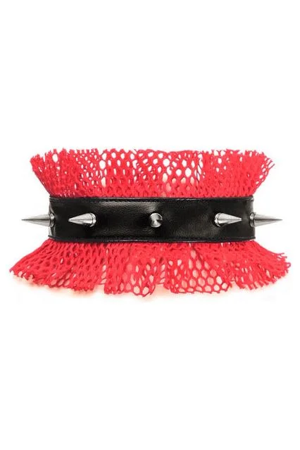 Kitten Collection Red/Black Fishnet Spike Choker