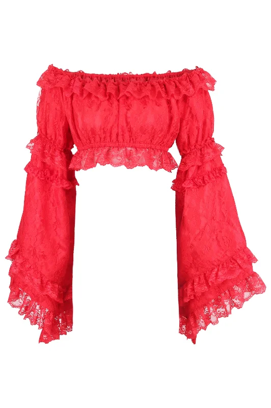 Red Lace Smocked Flare Sleeve Peasant Top