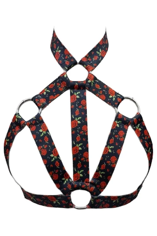 Red Roses Stretchy Body Harness w/Silver Hardware