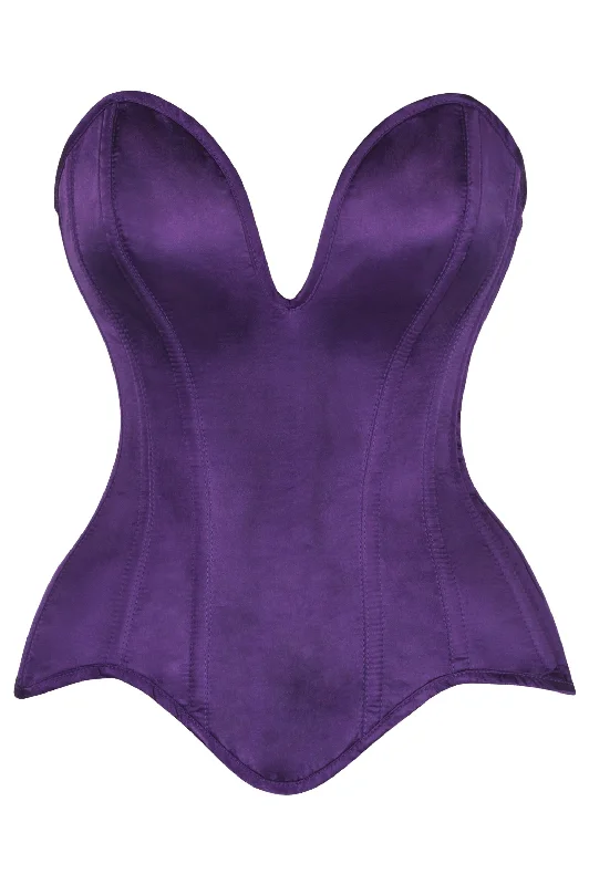 Top Drawer Steel Boned Dark Purple Satin Plunge Neckline Overbust Corset