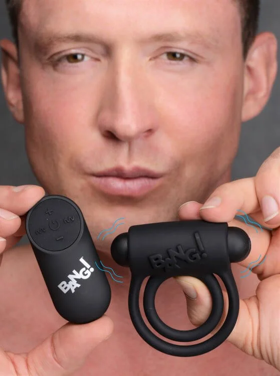 Bang! Silicone Cock Ring and Bullet with Remote Control Black