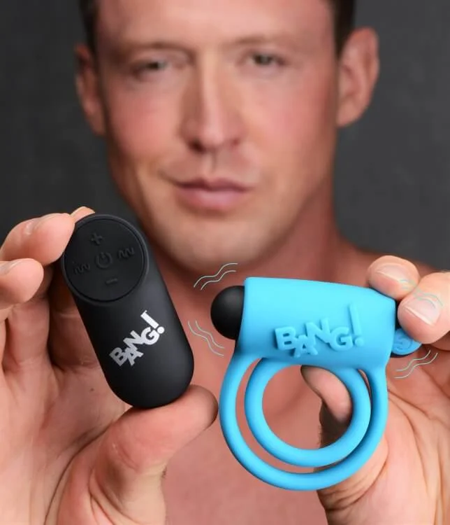 Bang! Silicone Cock Ring and Bullet with Remote Control Blue