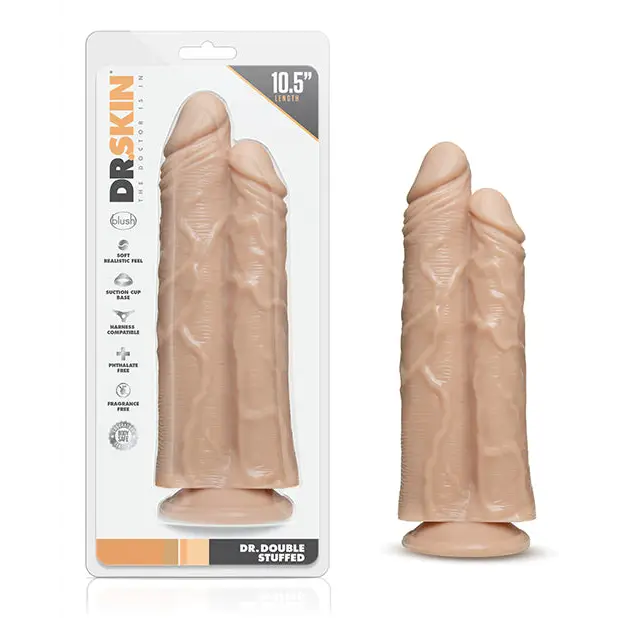 Blush Dr. Skin Dr. Double Stuffed 10.5 in. Double Shaft Dildo with Suction Cup Beige