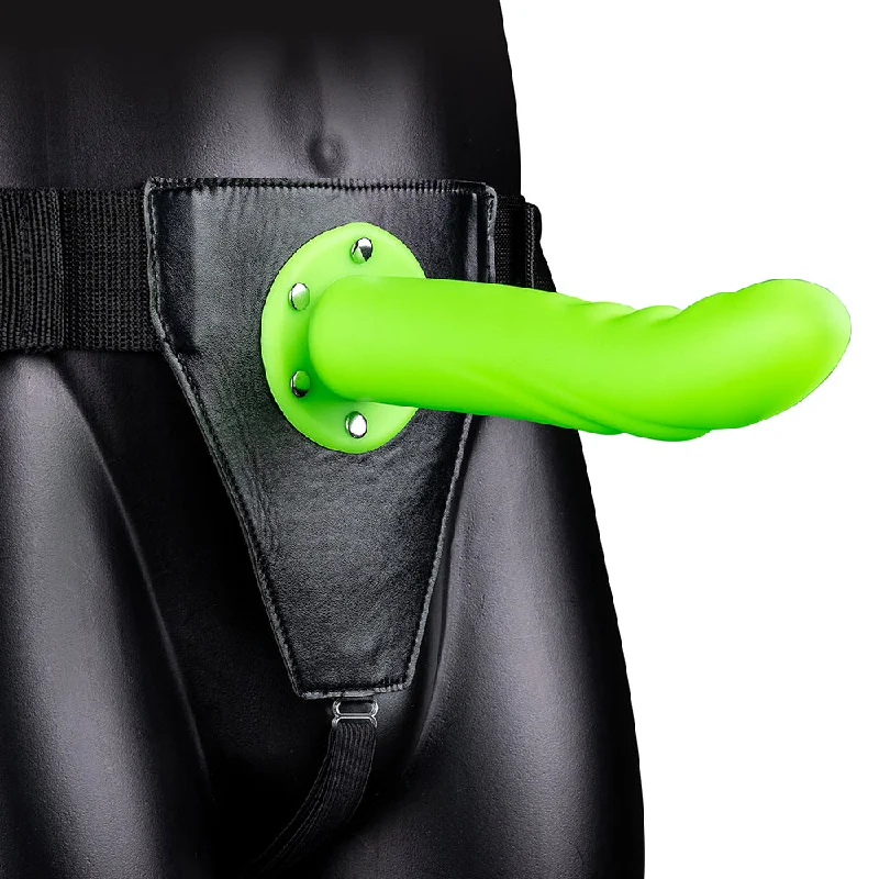 Textured Curved 8 Inch Hollow Strap-On in Glowing Green