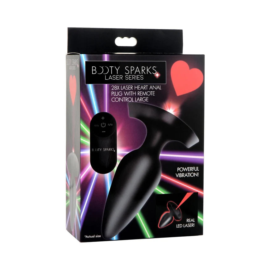 Booty Sparks Laser Heart Rechargeable Silicone Anal Plug with Remote Control - Large - Black with Red Lights